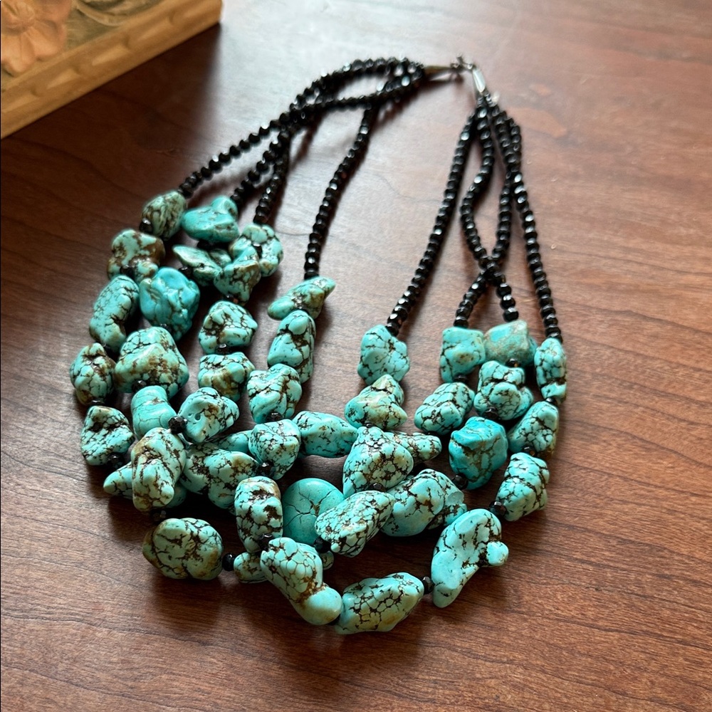 Vintage Multi-Strand Turquoise and Black Beaded Necklace 9”